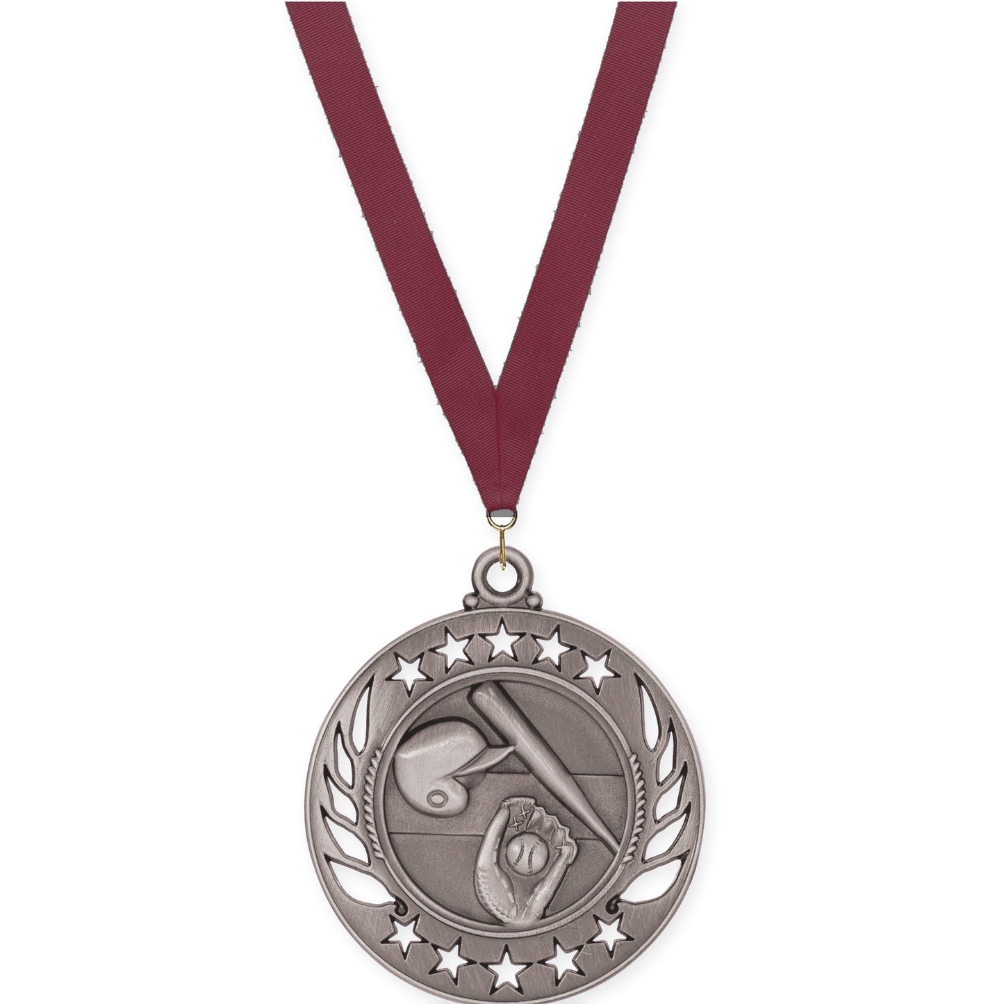 2 1/4 inch baseball and softball Galaxy medal in antique silver with Maroon neck ribbon