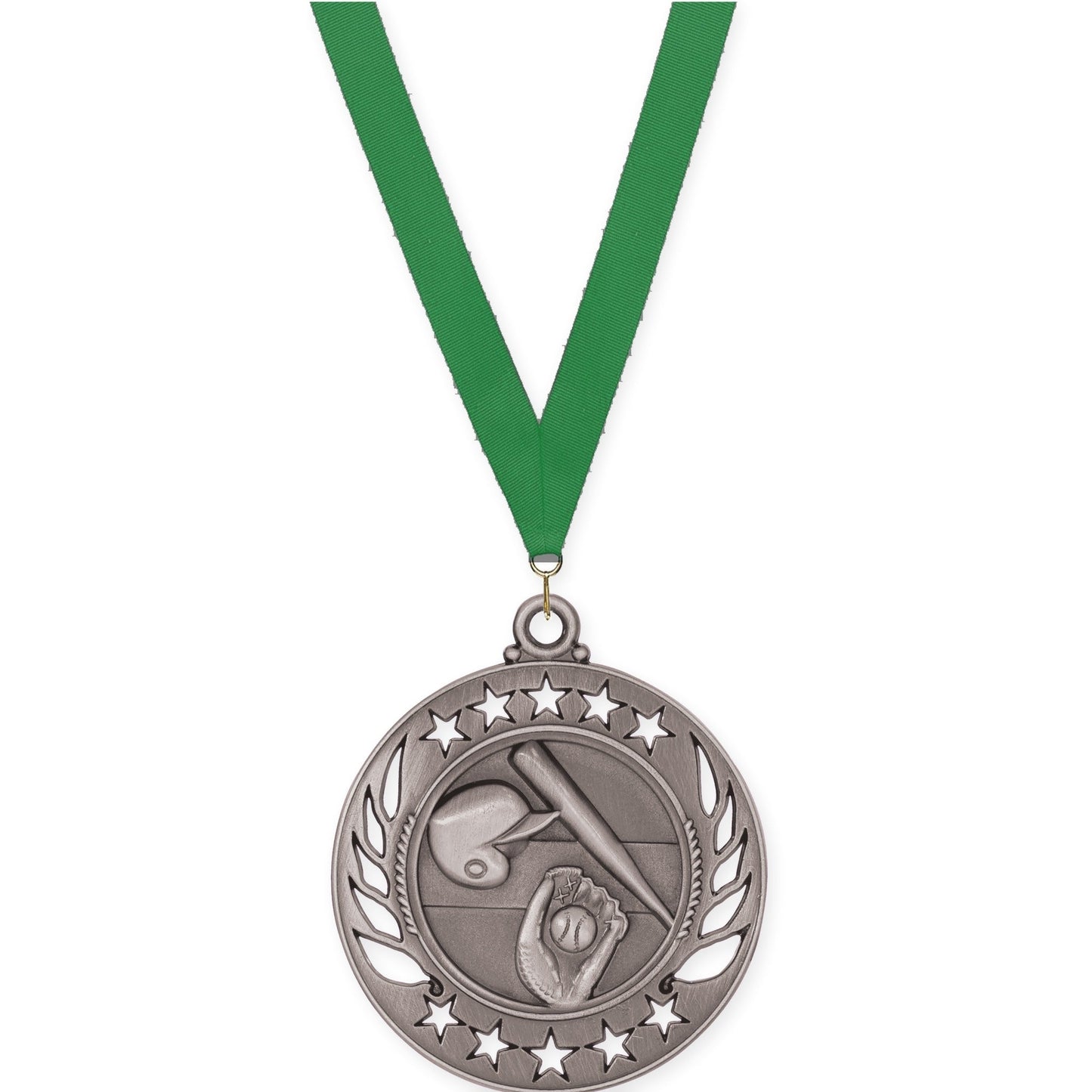 2 1/4 inch baseball and softball Galaxy medal in antique silver with Green neck ribbon