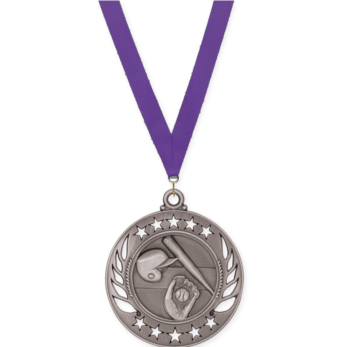 2 1/4 inch baseball and softball Galaxy medal in antique silver with Purple neck ribbon