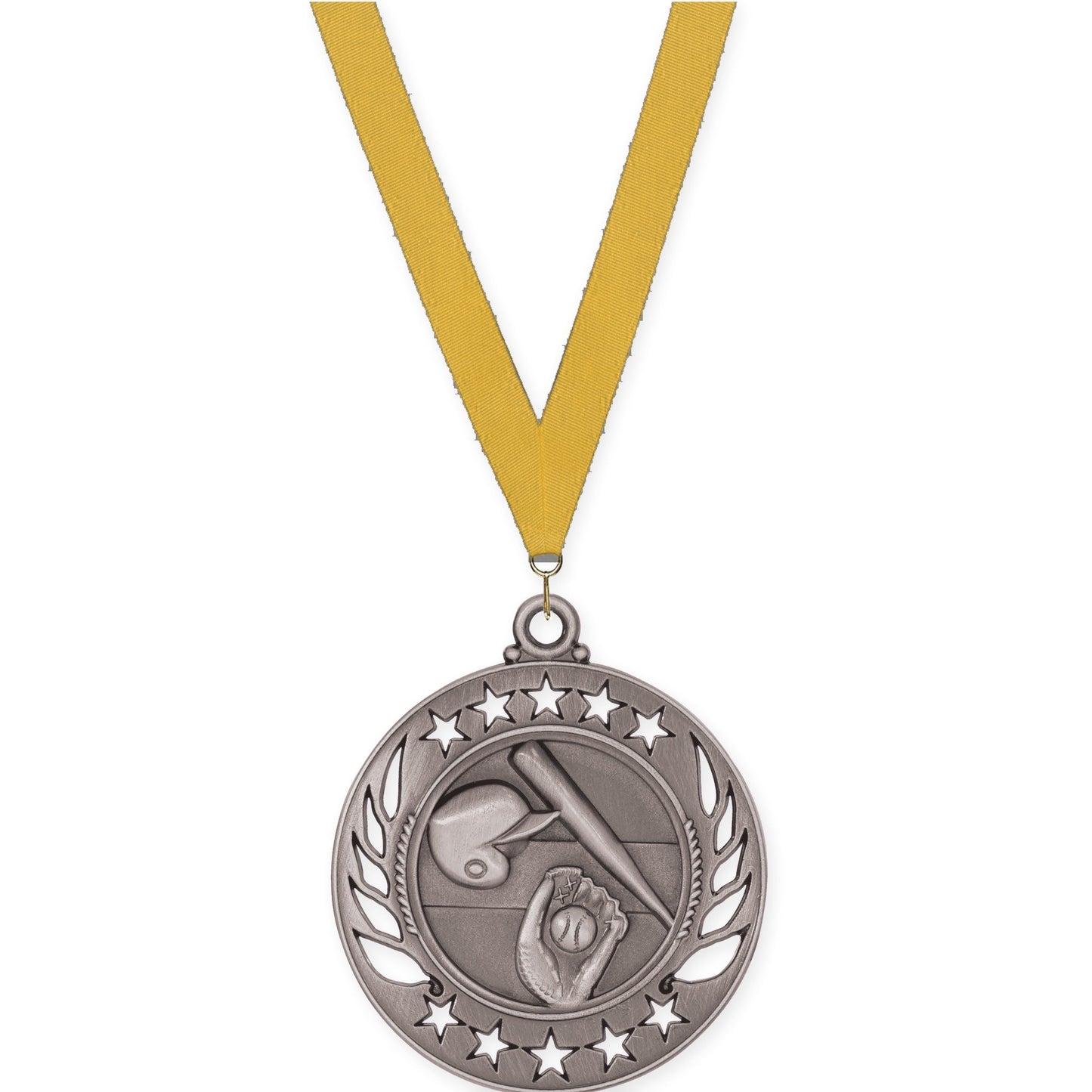 2 1/4 inch baseball and softball Galaxy medal in antique silver with Gold neck ribbon