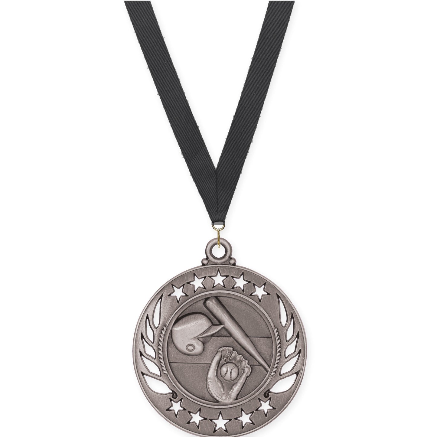 2 1/4 inch baseball and softball Galaxy medal in antique silver with Black neck ribbon