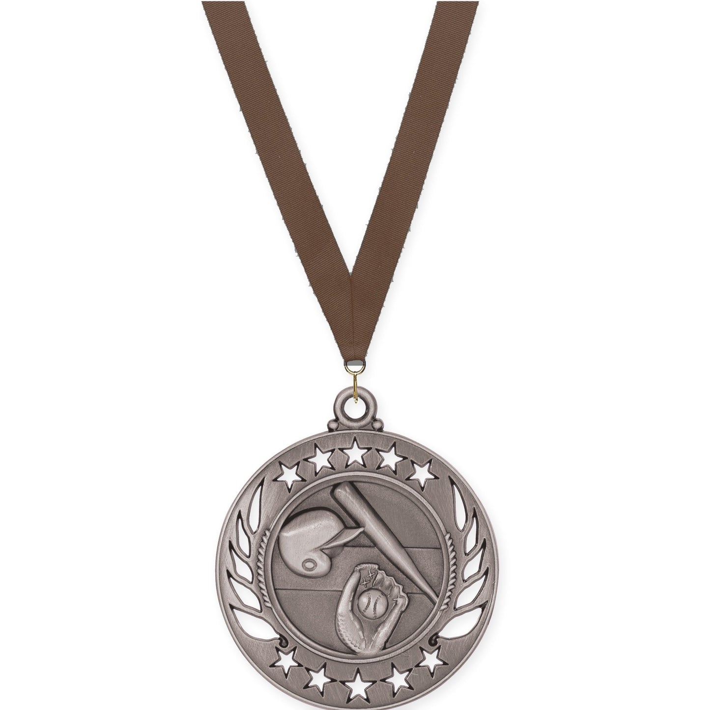 2 1/4 inch baseball and softball Galaxy medal in antique silver with Brown neck ribbon