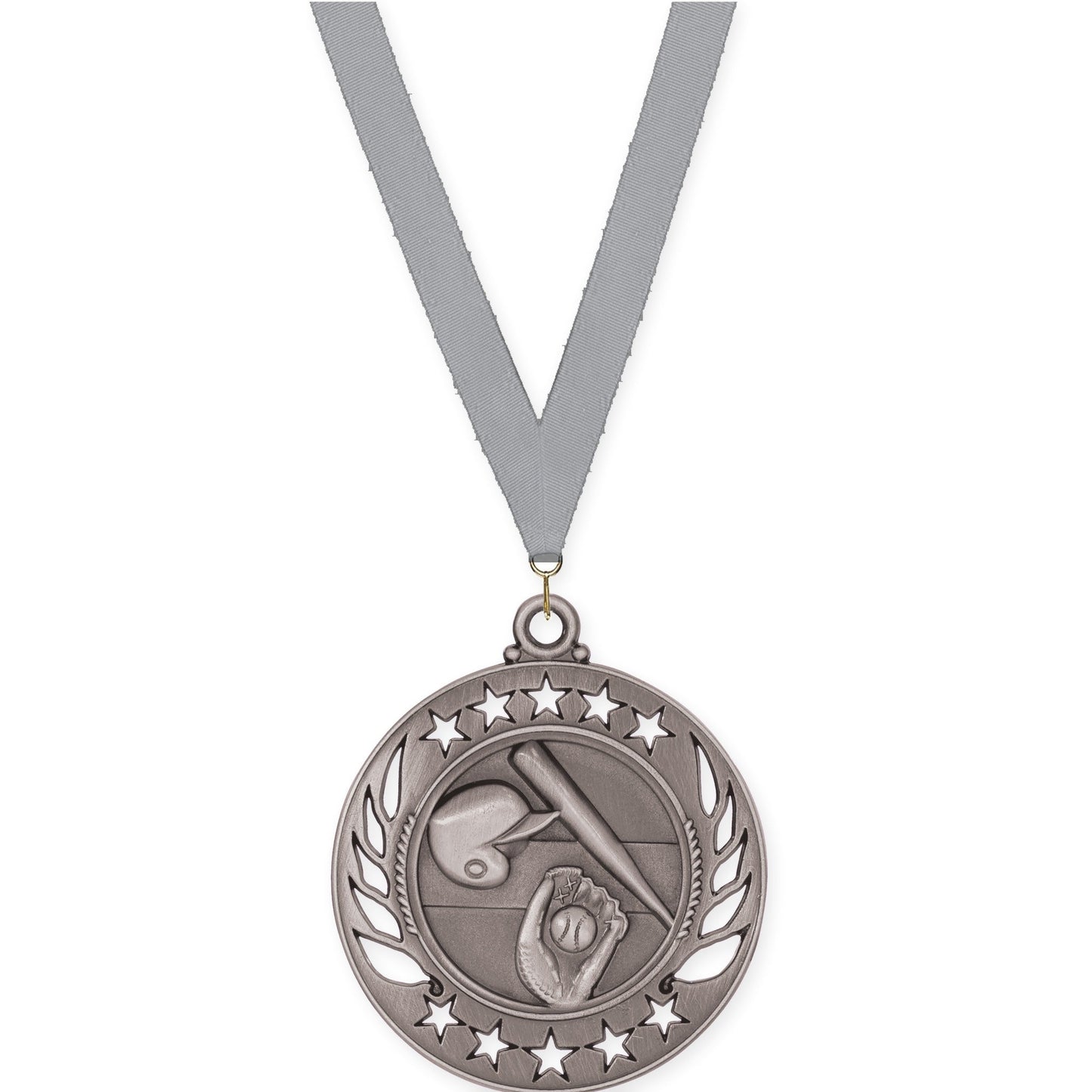 2 1/4 inch baseball and softball Galaxy medal in antique silver with Gray neck ribbon