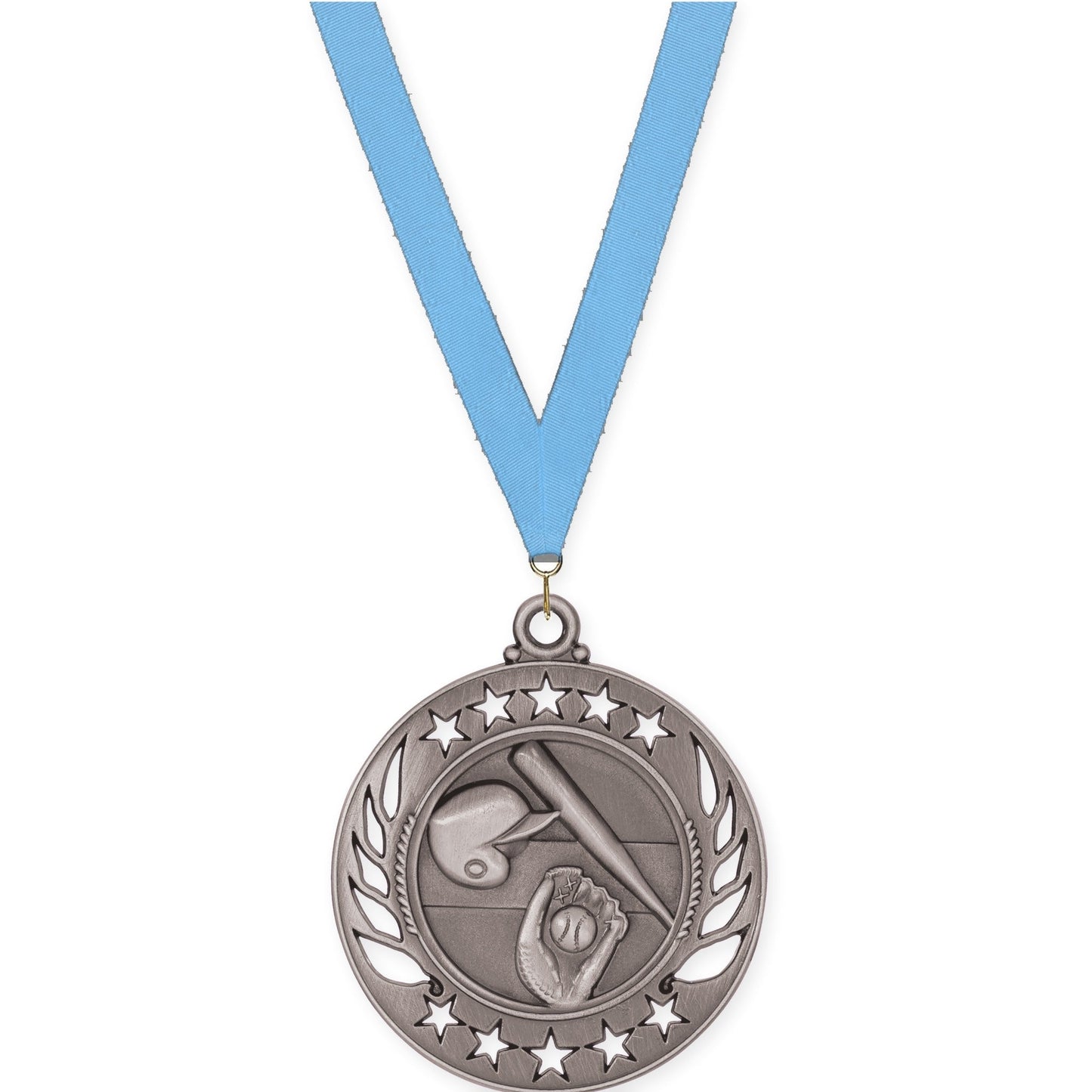 2 1/4 inch baseball and softball Galaxy medal in antique silver with Light Blue neck ribbon