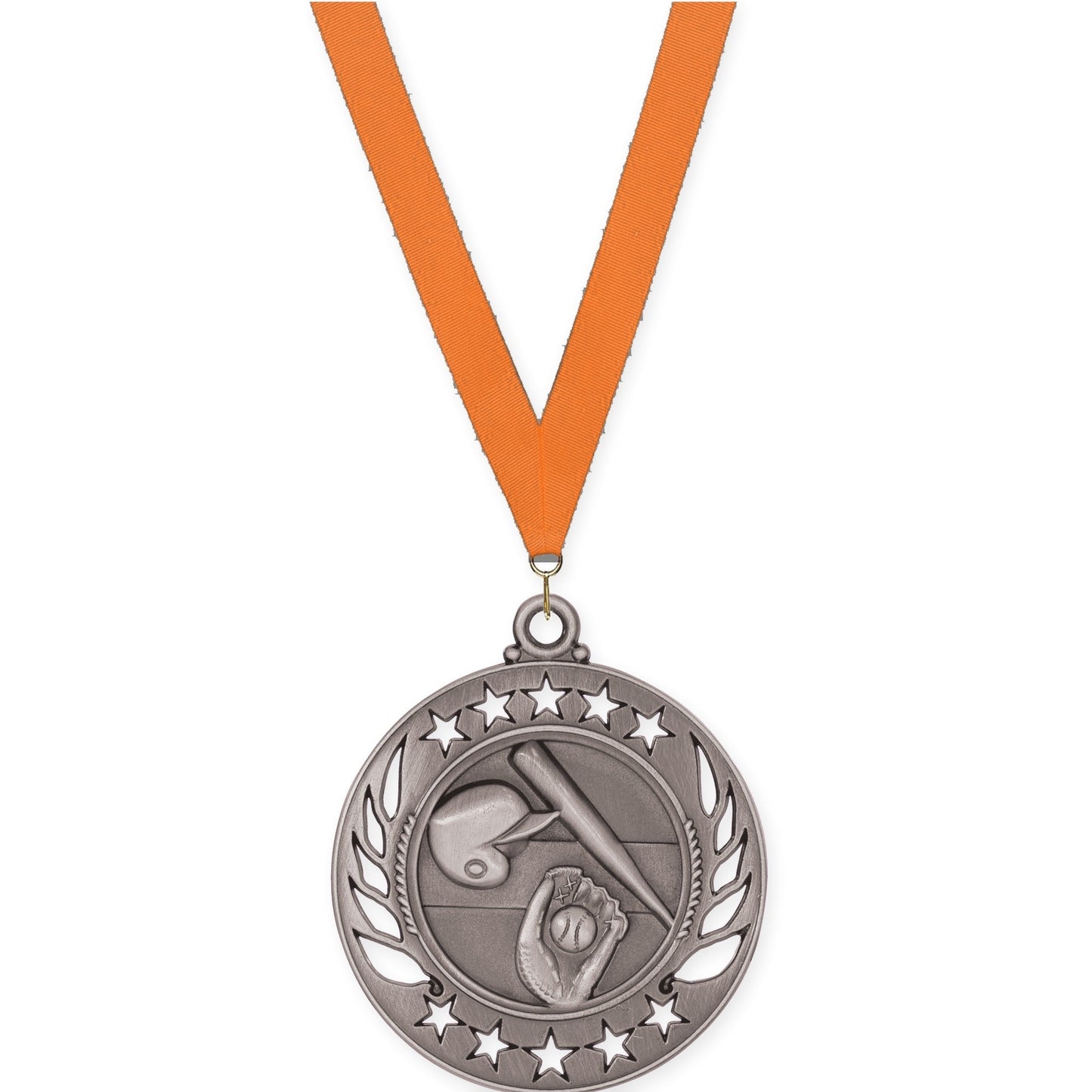2 1/4 inch baseball and softball Galaxy medal in antique silver with Orange neck ribbon