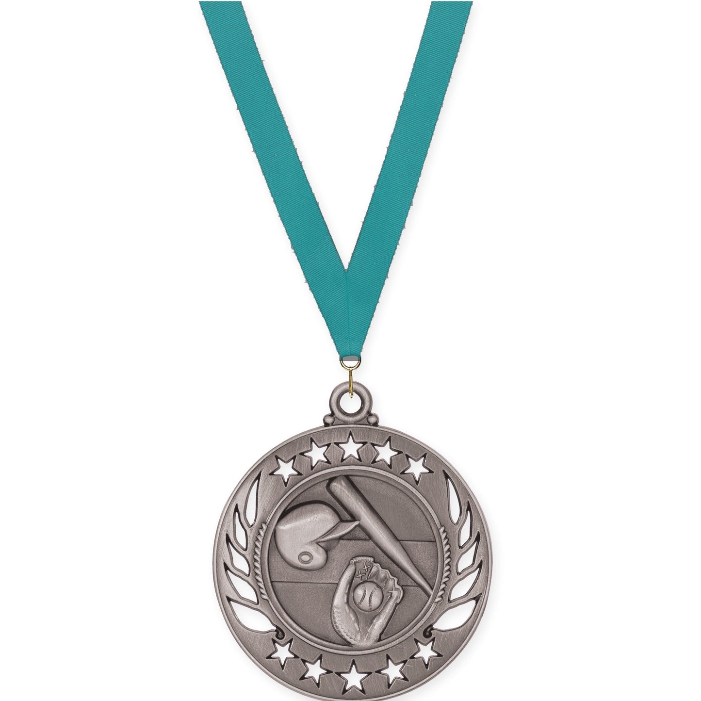 2 1/4 inch baseball and softball Galaxy medal in antique silver with Teal neck ribbon