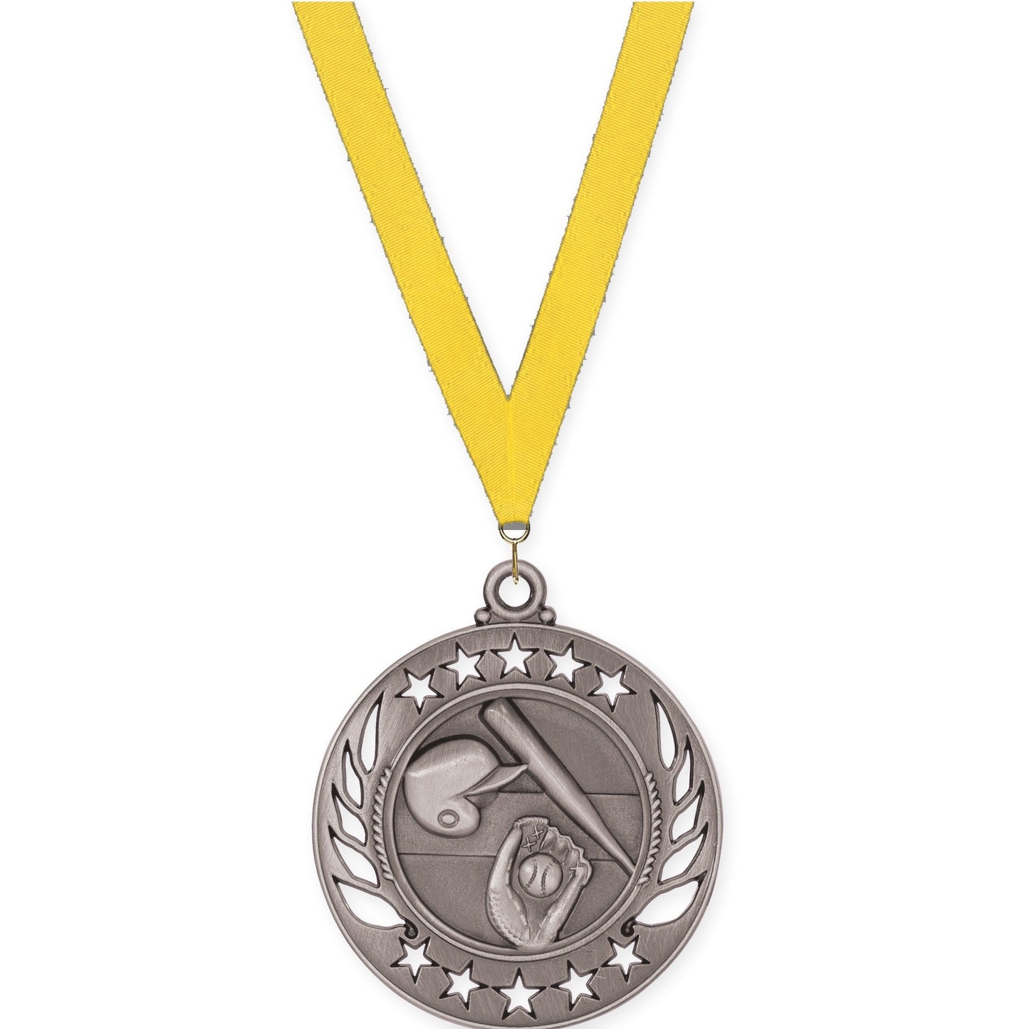 2 1/4 inch baseball and softball Galaxy medal in antique silver with Yellow neck ribbon