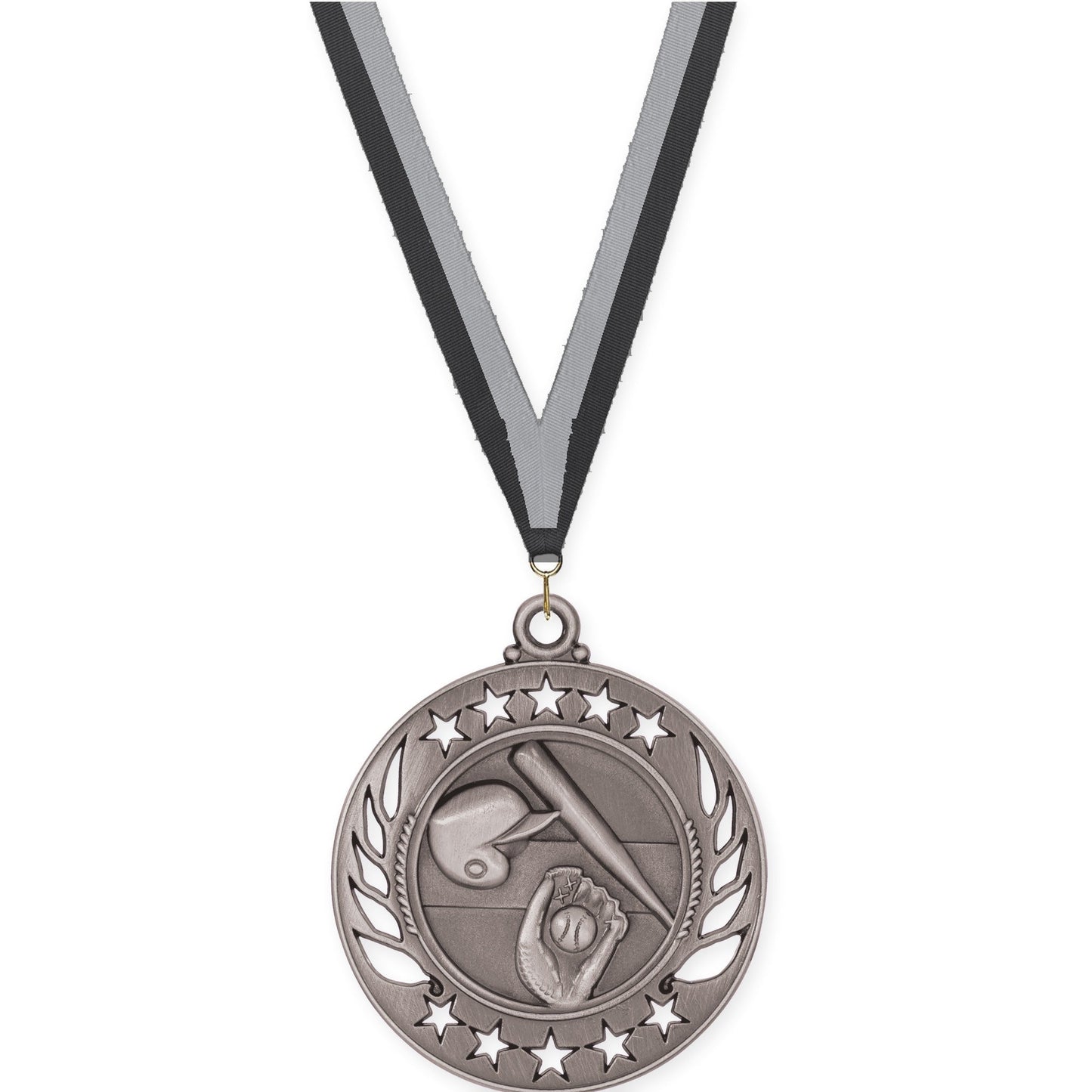 2 1/4 inch baseball and softball Galaxy medal in antique silver with Black Gray neck ribbon