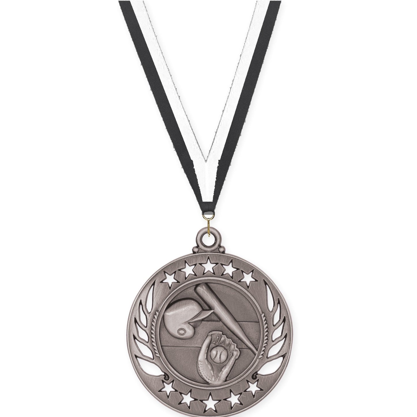 2 1/4 inch baseball and softball Galaxy medal in antique silver with Black White neck ribbon