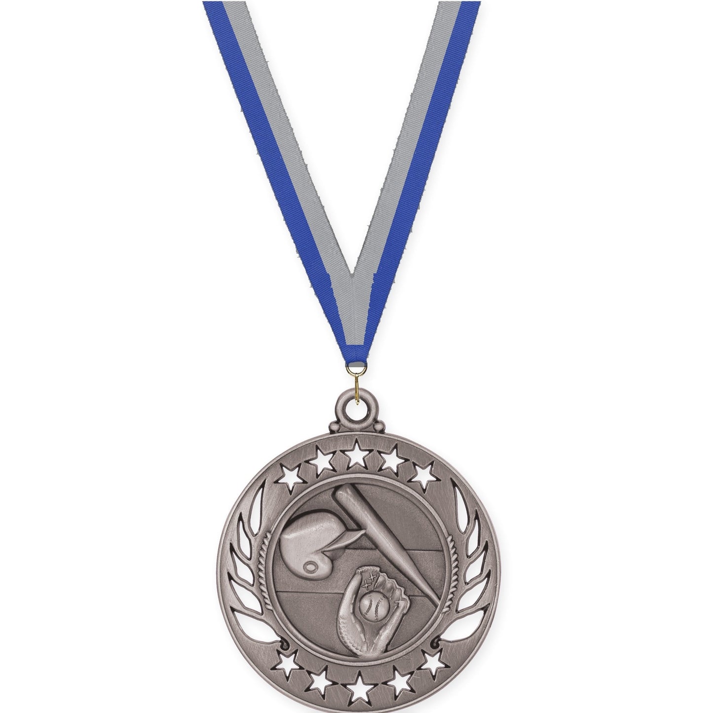 2 1/4 inch baseball and softball Galaxy medal in antique silver with Blue Gray neck ribbon