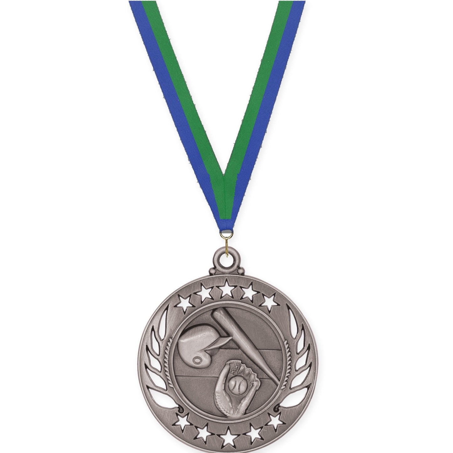 2 1/4 inch baseball and softball Galaxy medal in antique silver with Blue Green neck ribbon