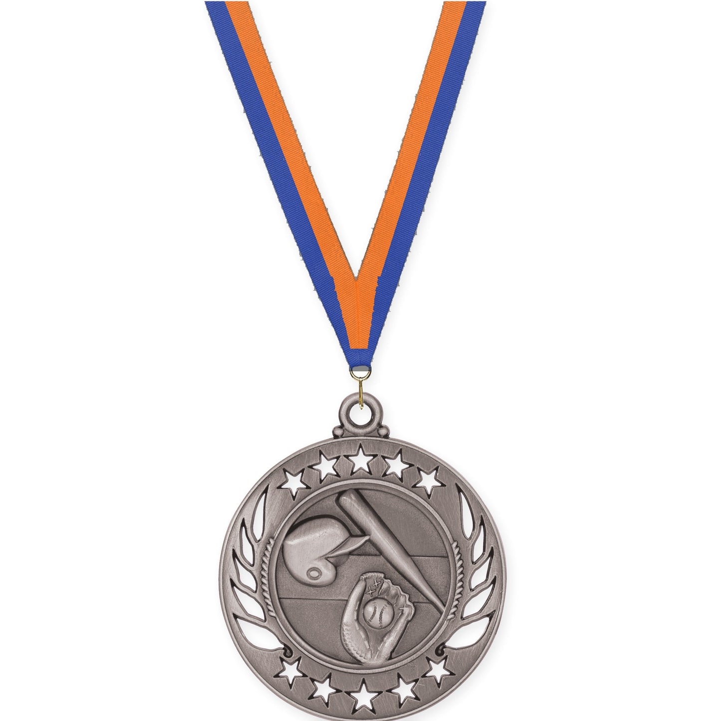 2 1/4 inch baseball and softball Galaxy medal in antique silver with Blue Orange neck ribbon