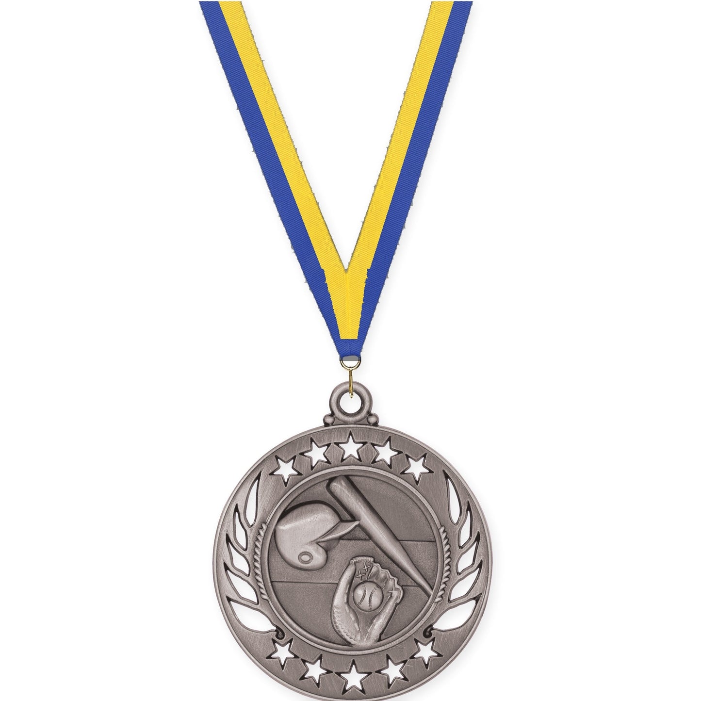 2 1/4 inch baseball and softball Galaxy medal in antique silver with Blue Yellow neck ribbon