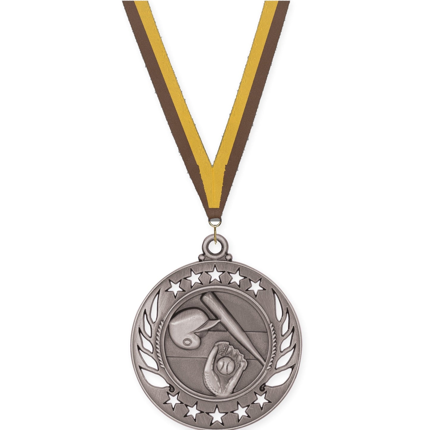 2 1/4 inch baseball and softball Galaxy medal in antique silver with Brown Gold neck ribbon