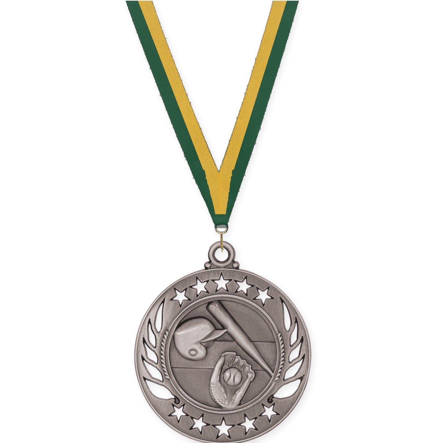 2 1/4 inch baseball and softball Galaxy medal in antique silver with Hunter Green Gold neck ribbon