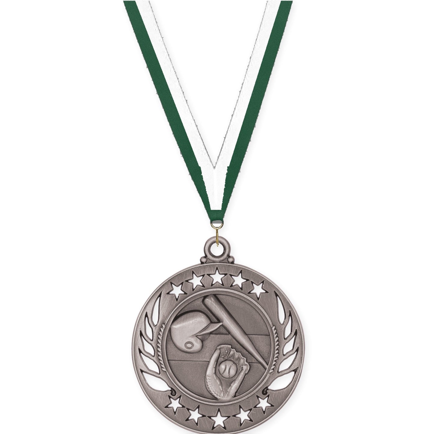 2 1/4 inch baseball and softball Galaxy medal in antique silver with Hunter Green White neck ribbon