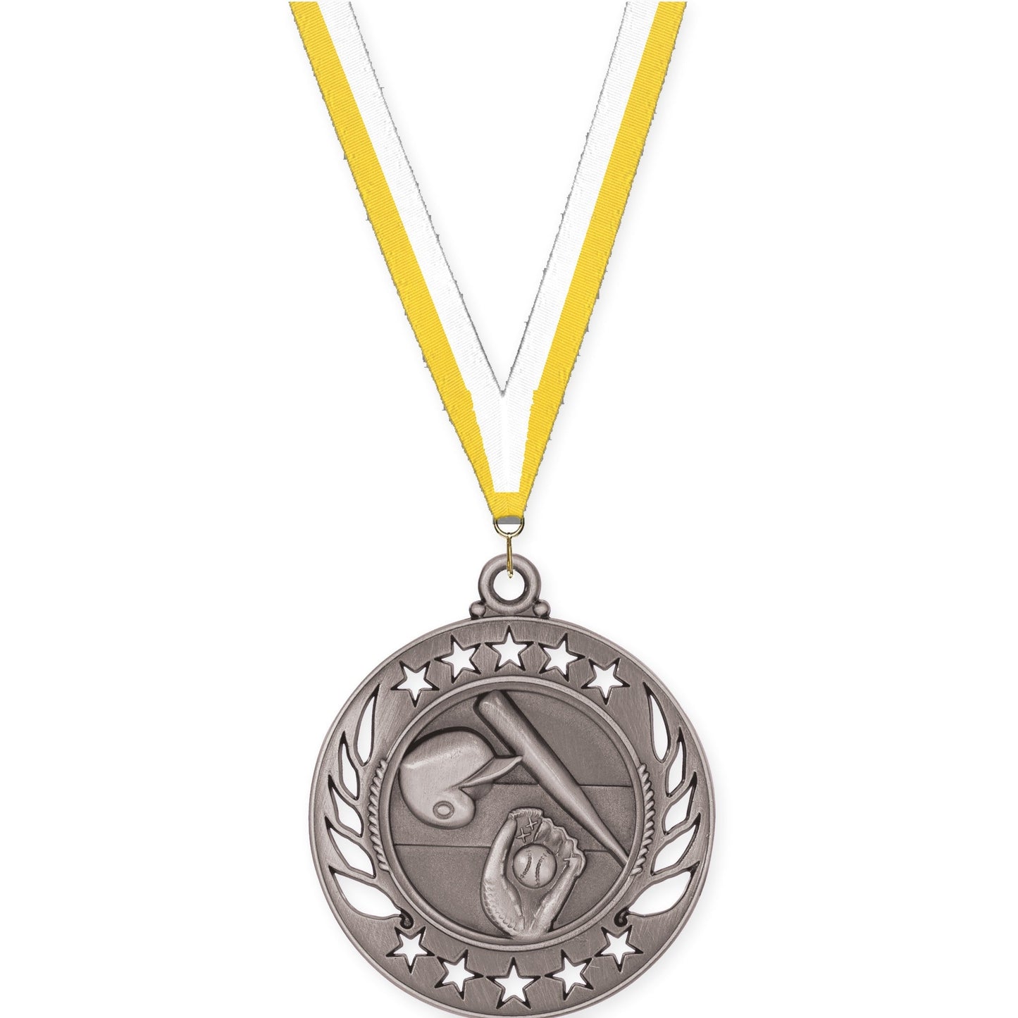 2 1/4 inch baseball and softball Galaxy medal in antique silver with Yellow White neck ribbon