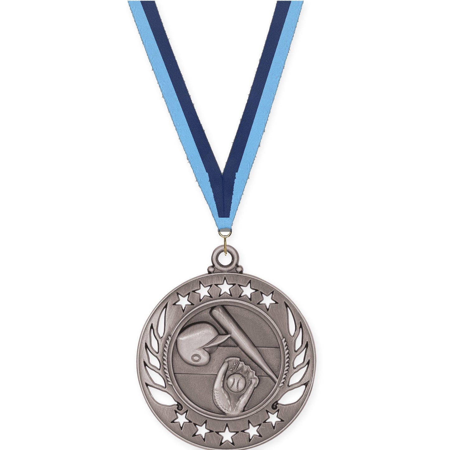 2 1/4 inch baseball and softball Galaxy medal in antique silver with Light Blue Navy neck ribbon