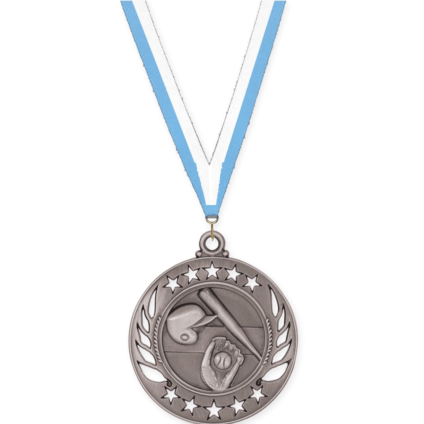 2 1/4 inch baseball and softball Galaxy medal in antique silver with Light Blue White neck ribbon
