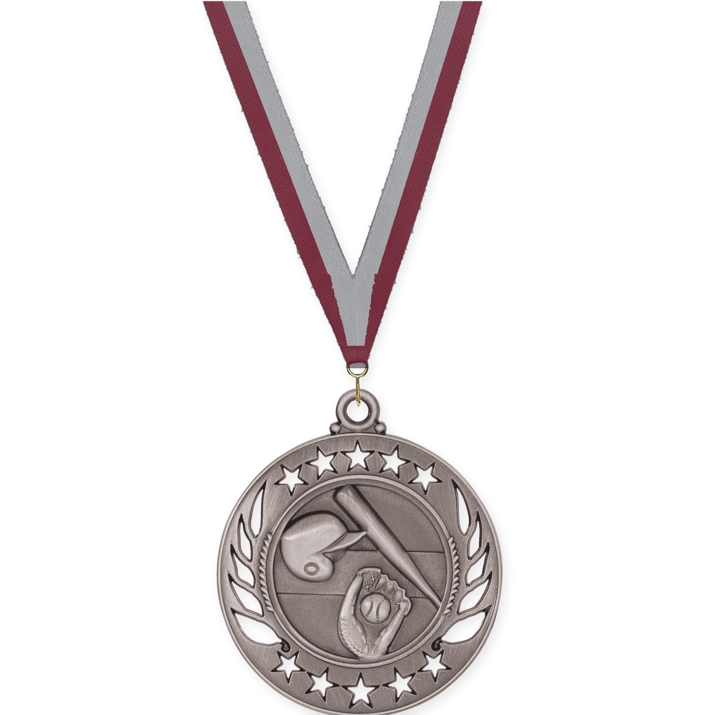 2 1/4 inch baseball and softball Galaxy medal in antique silver with Maroon Gray neck ribbon