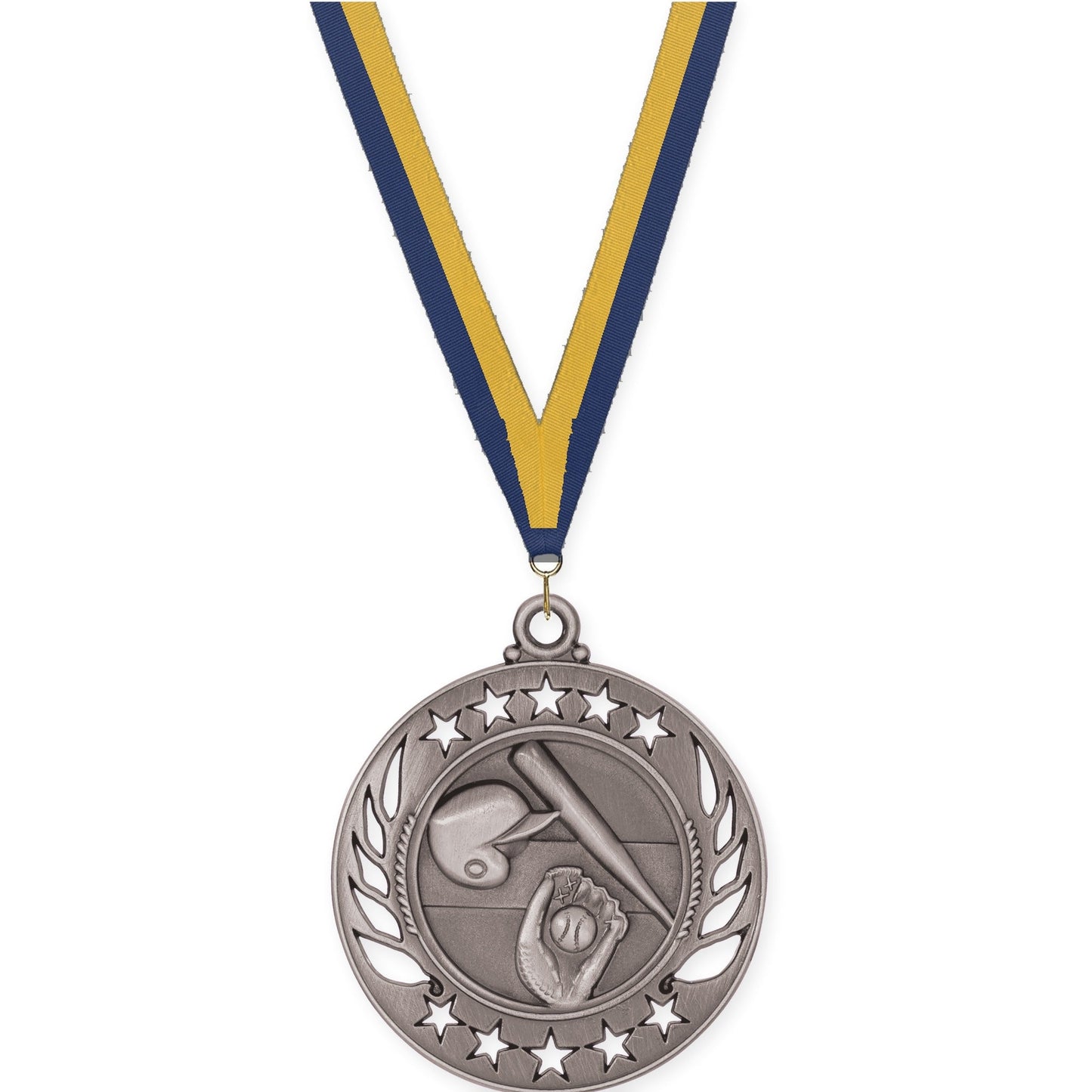 2 1/4 inch baseball and softball Galaxy medal in antique silver with Navy Gold neck ribbon