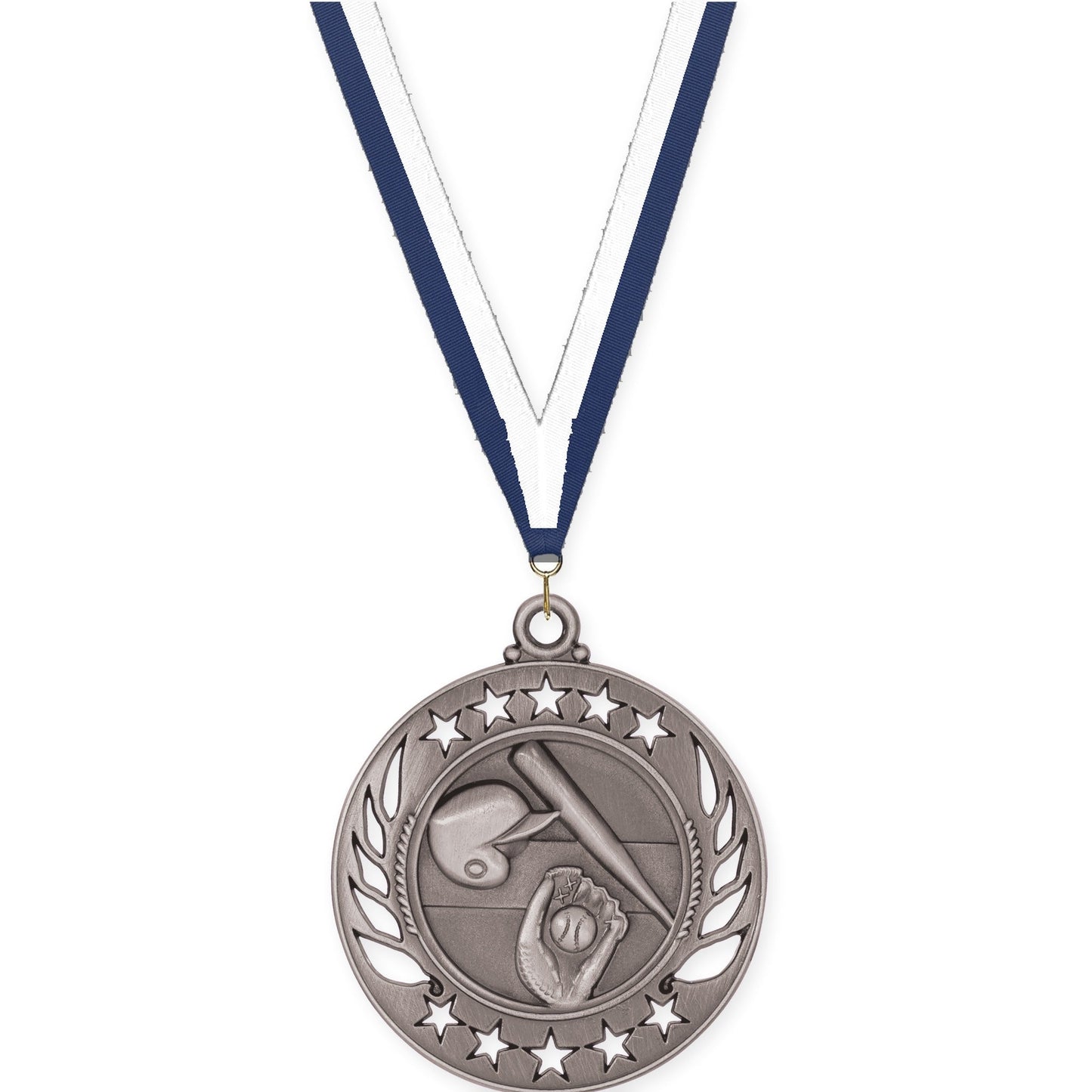 2 1/4 inch baseball and softball Galaxy medal in antique silver with Navy White neck ribbon