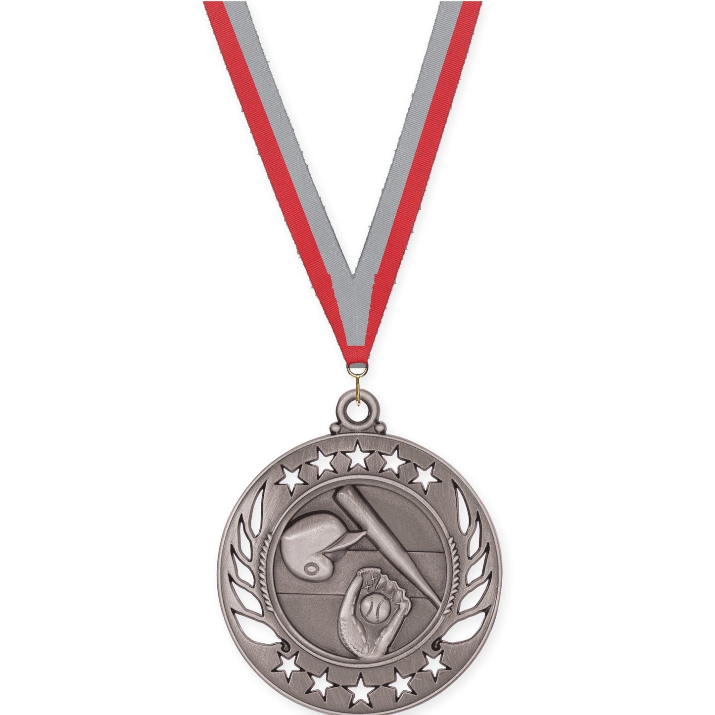2 1/4 inch baseball and softball Galaxy medal in antique silver with Red Gray neck ribbon