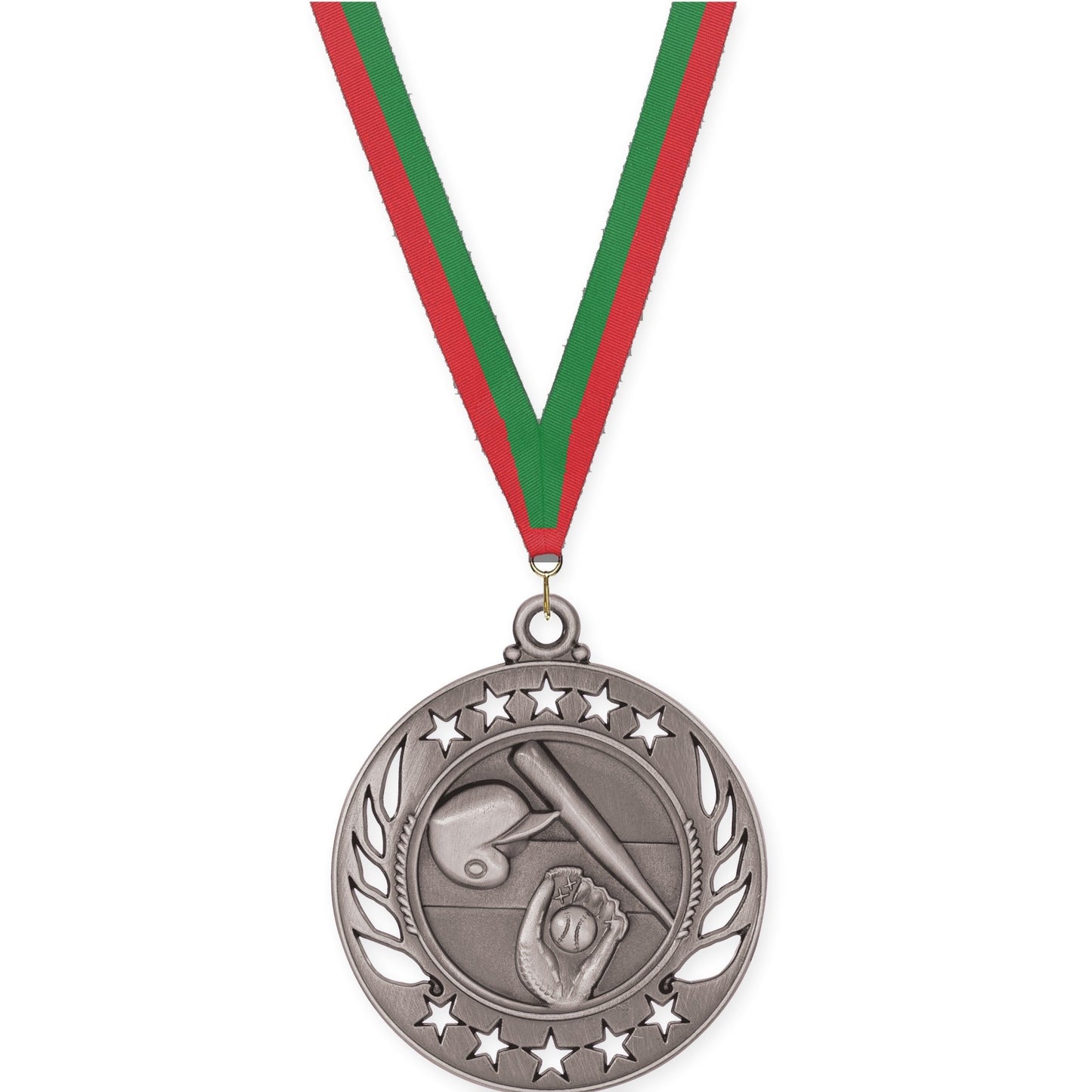 2 1/4 inch baseball and softball Galaxy medal in antique silver with Red Green neck ribbon