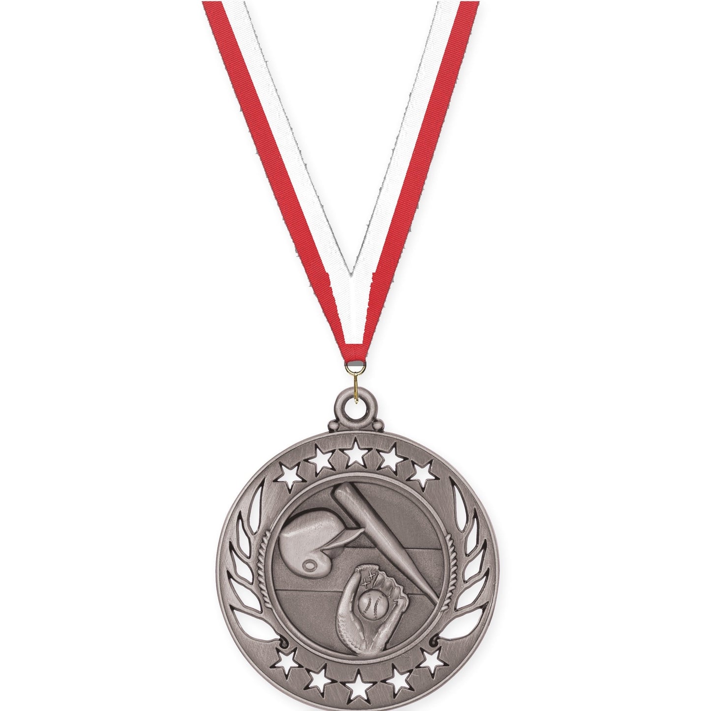 2 1/4 inch baseball and softball Galaxy medal in antique silver with Red White neck ribbon