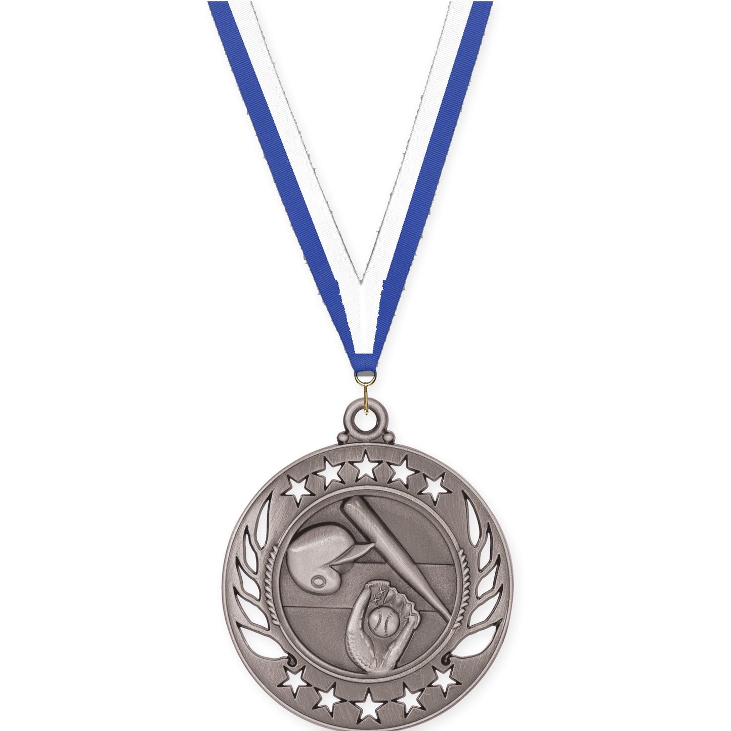 2 1/4 inch baseball and softball Galaxy medal in antique silver with Blue White neck ribbon