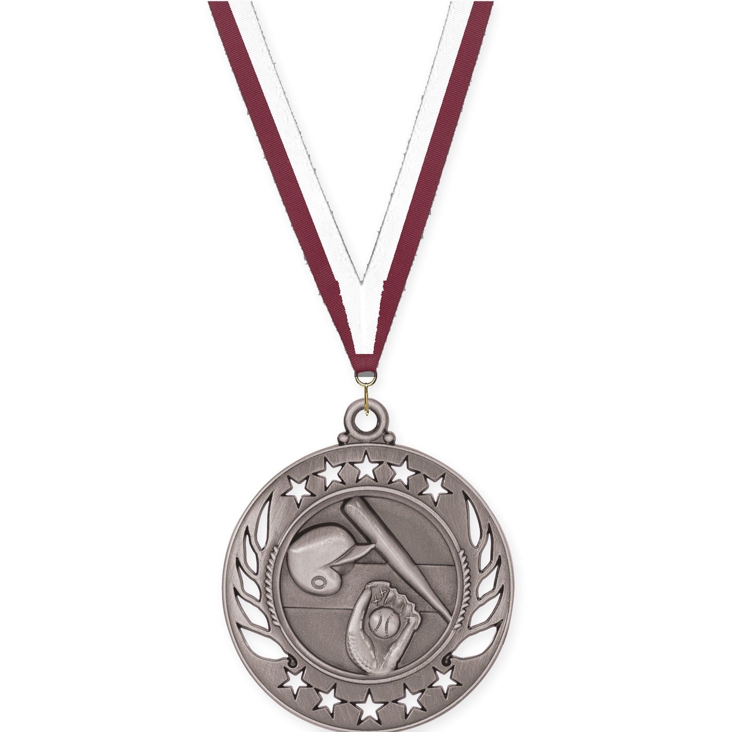 2 1/4 inch baseball and softball Galaxy medal in antique silver with Maroon White neck ribbon