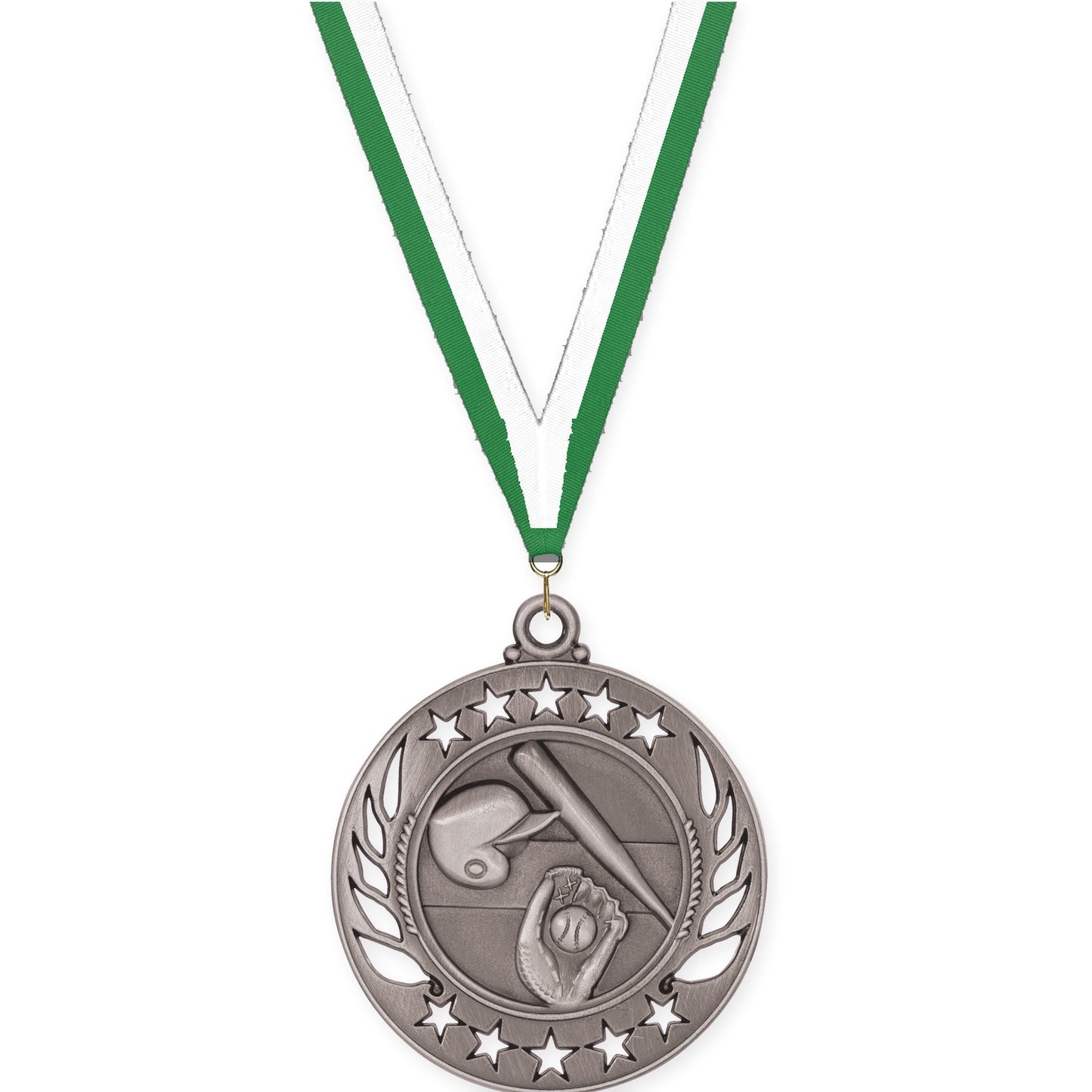 2 1/4 inch baseball and softball Galaxy medal in antique silver with Green White neck ribbon