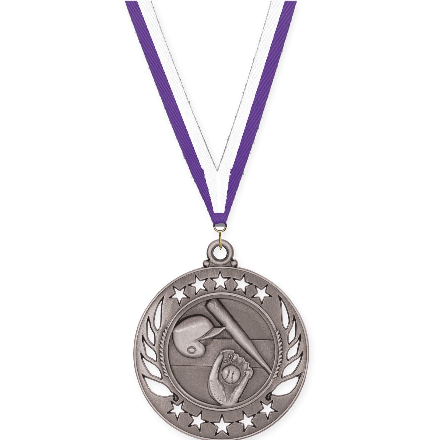 2 1/4 inch baseball and softball Galaxy medal in antique silver with Purple White neck ribbon