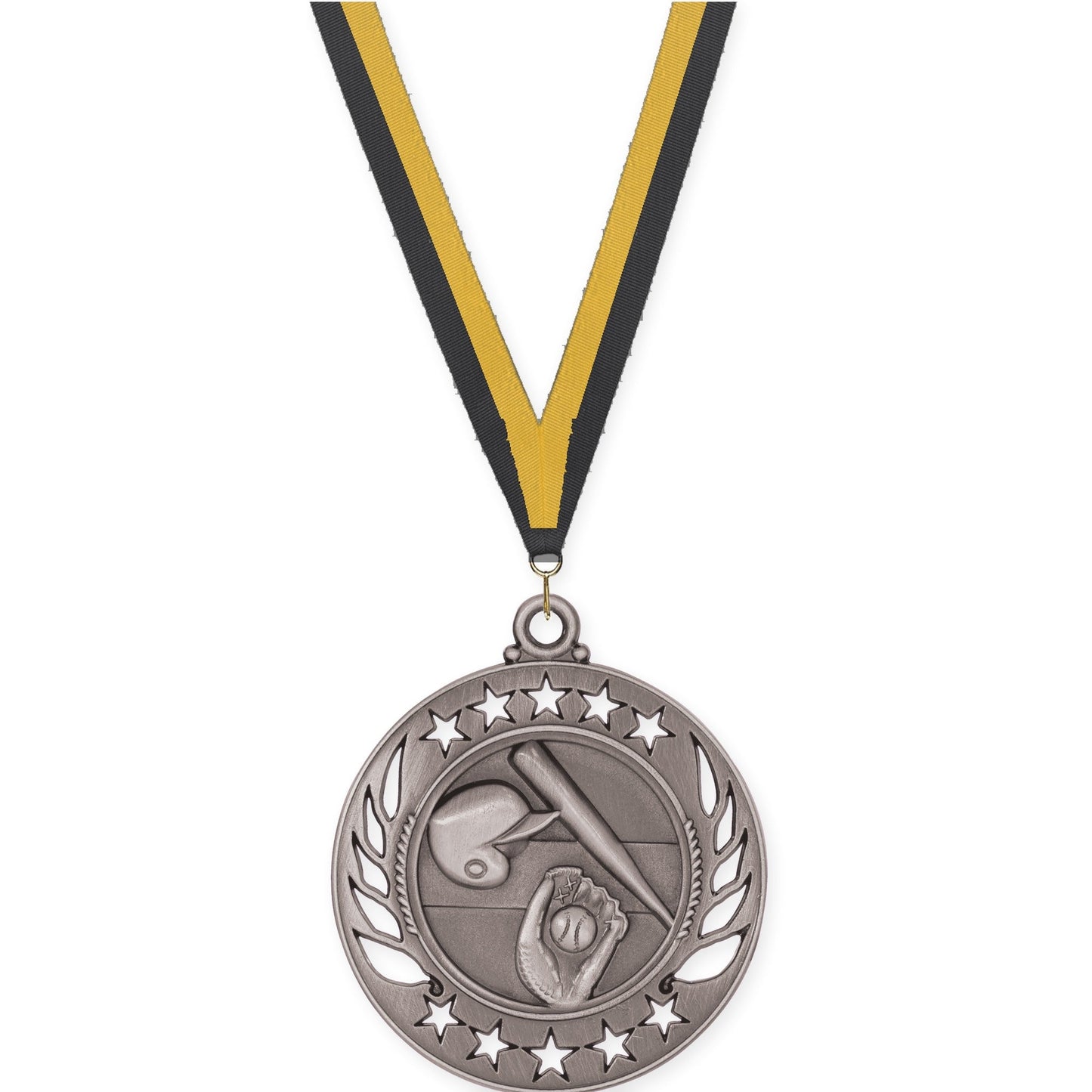 2 1/4 inch baseball and softball Galaxy medal in antique silver with Black Gold neck ribbon