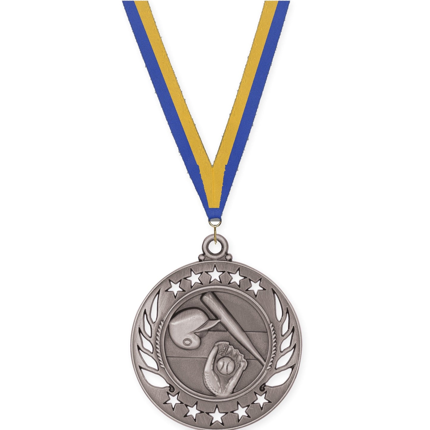 2 1/4 inch baseball and softball Galaxy medal in antique silver with Blue Gold neck ribbon