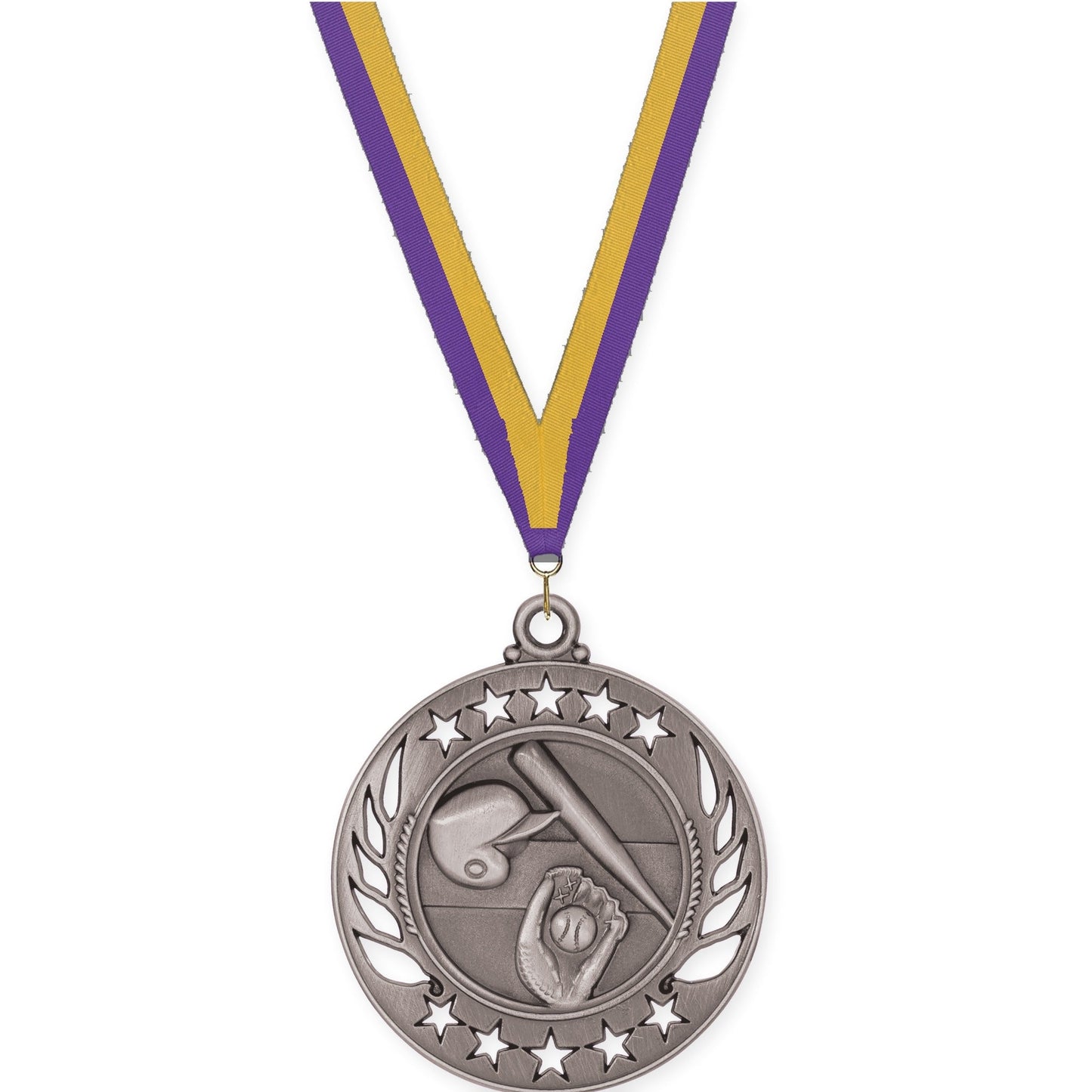 2 1/4 inch baseball and softball Galaxy medal in antique silver with Purple Gold neck ribbon
