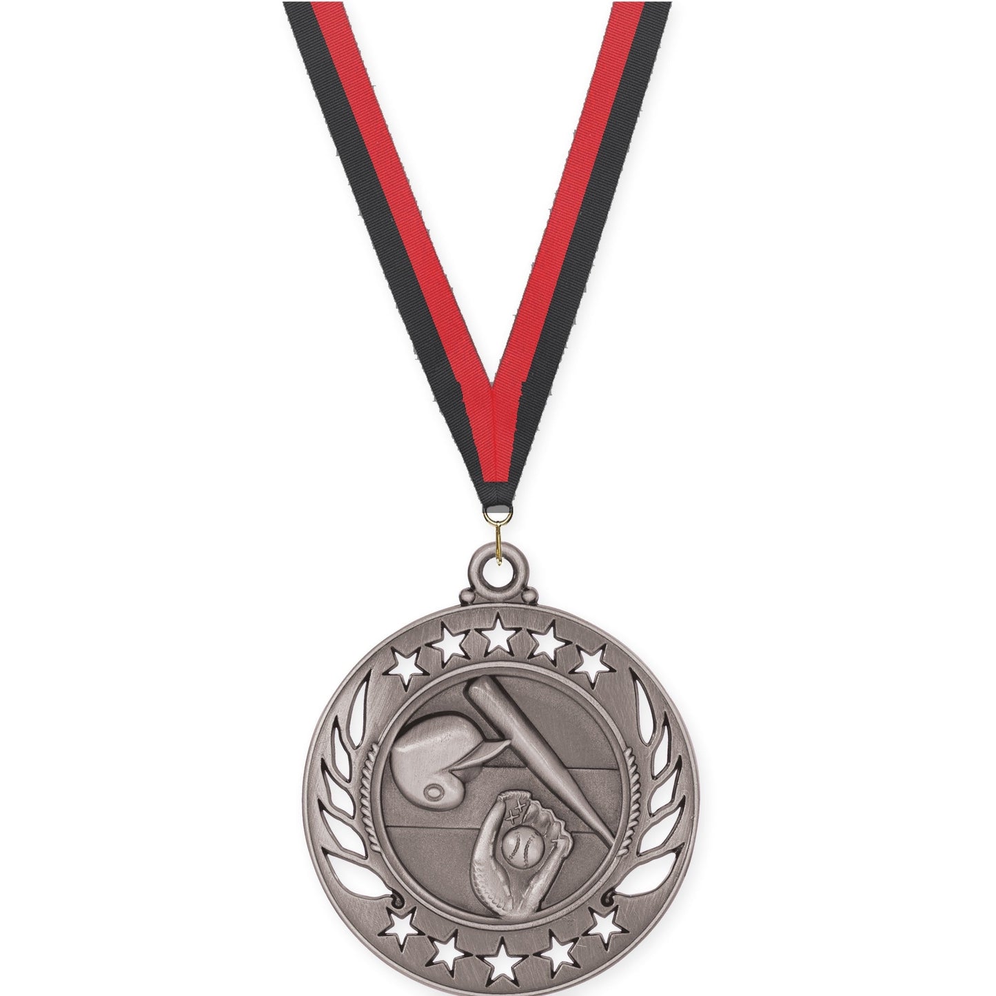 2 1/4 inch baseball and softball Galaxy medal in antique silver with Black Red neck ribbon