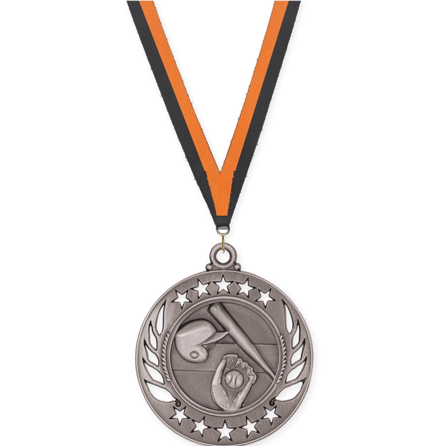 2 1/4 inch baseball and softball Galaxy medal in antique silver with Black Orange neck ribbon