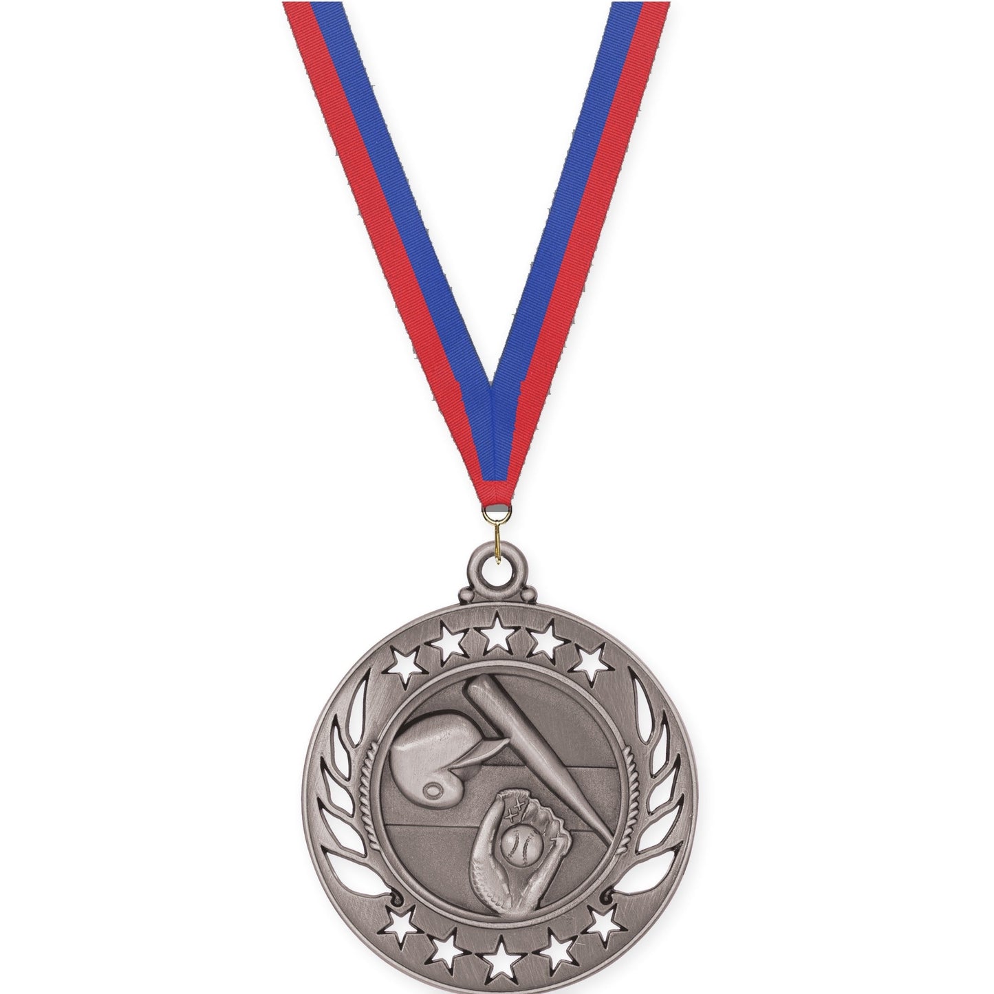 2 1/4 inch baseball and softball Galaxy medal in antique silver with Blue Red neck ribbon