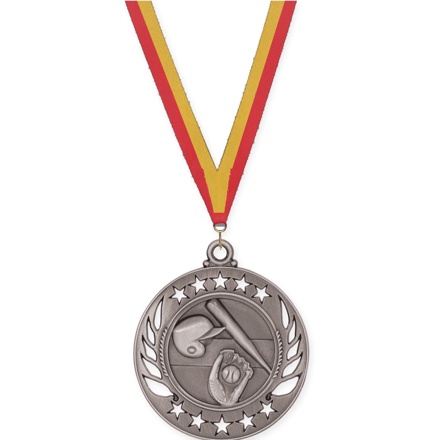 2 1/4 inch baseball and softball Galaxy medal in antique silver with Red Gold neck ribbon