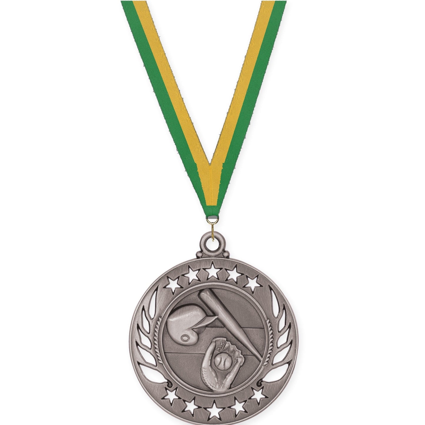 2 1/4 inch baseball and softball Galaxy medal in antique silver with Green Gold neck ribbon