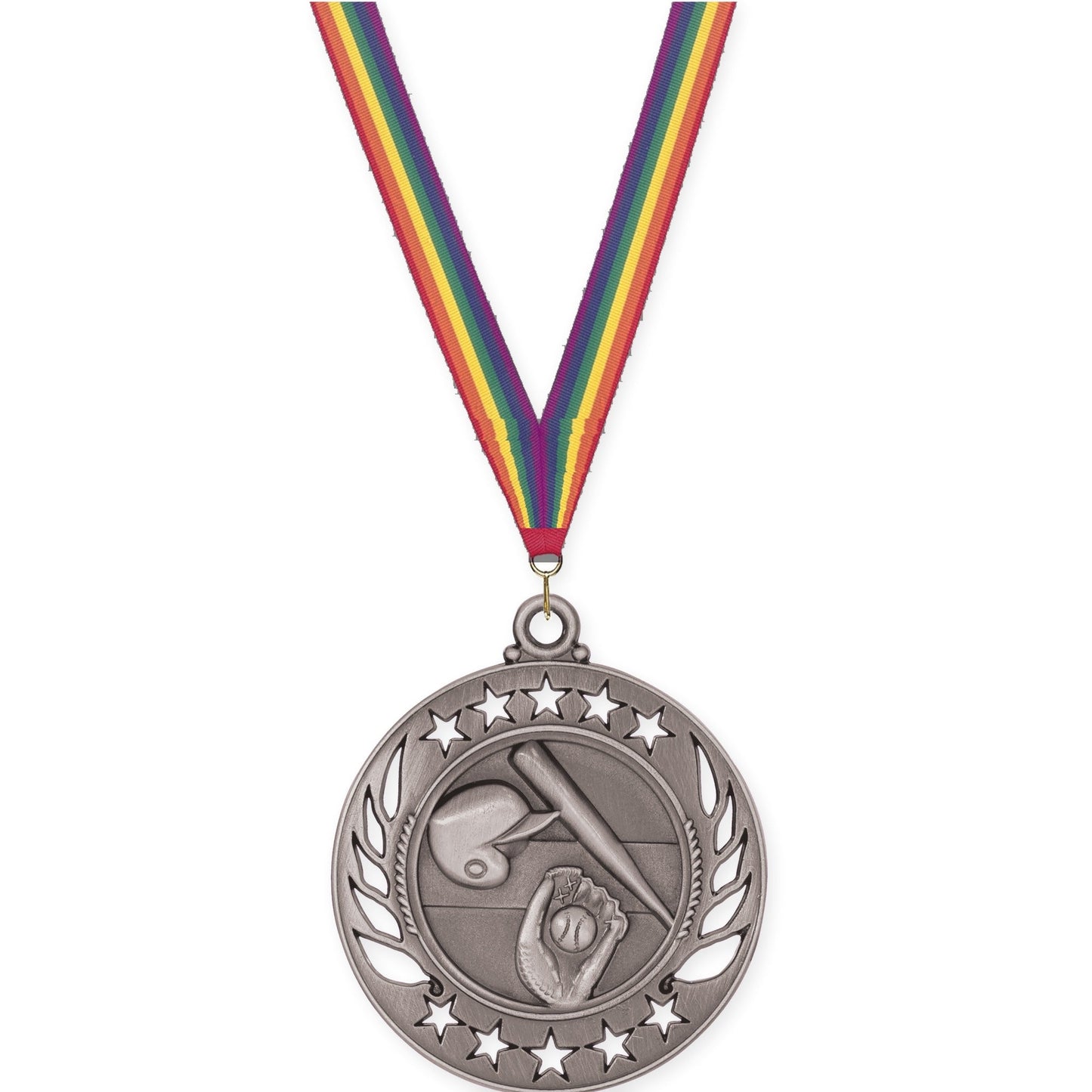 2 1/4 inch baseball and softball Galaxy medal in antique silver with Rainbow neck ribbon