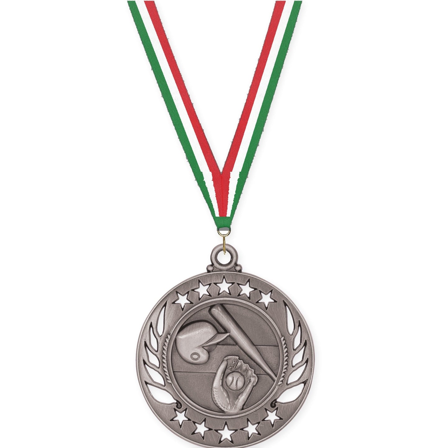 2 1/4 inch baseball and softball Galaxy medal in antique silver with Green White Red neck ribbon