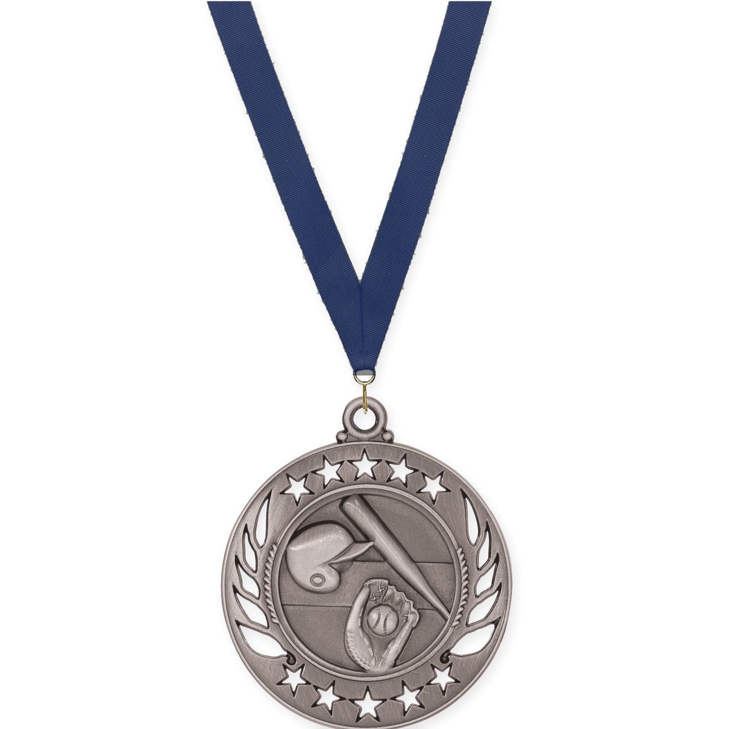 2 1/4 inch baseball and softball Galaxy medal in antique silver with Navy neck ribbon