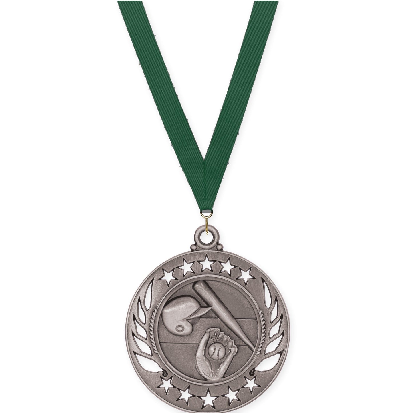 2 1/4 inch baseball and softball Galaxy medal in antique silver with Hunter Green neck ribbon