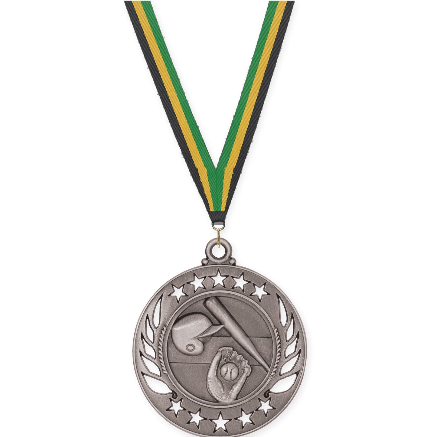 2 1/4 inch baseball and softball Galaxy medal in antique silver with Black Gold Green neck ribbon