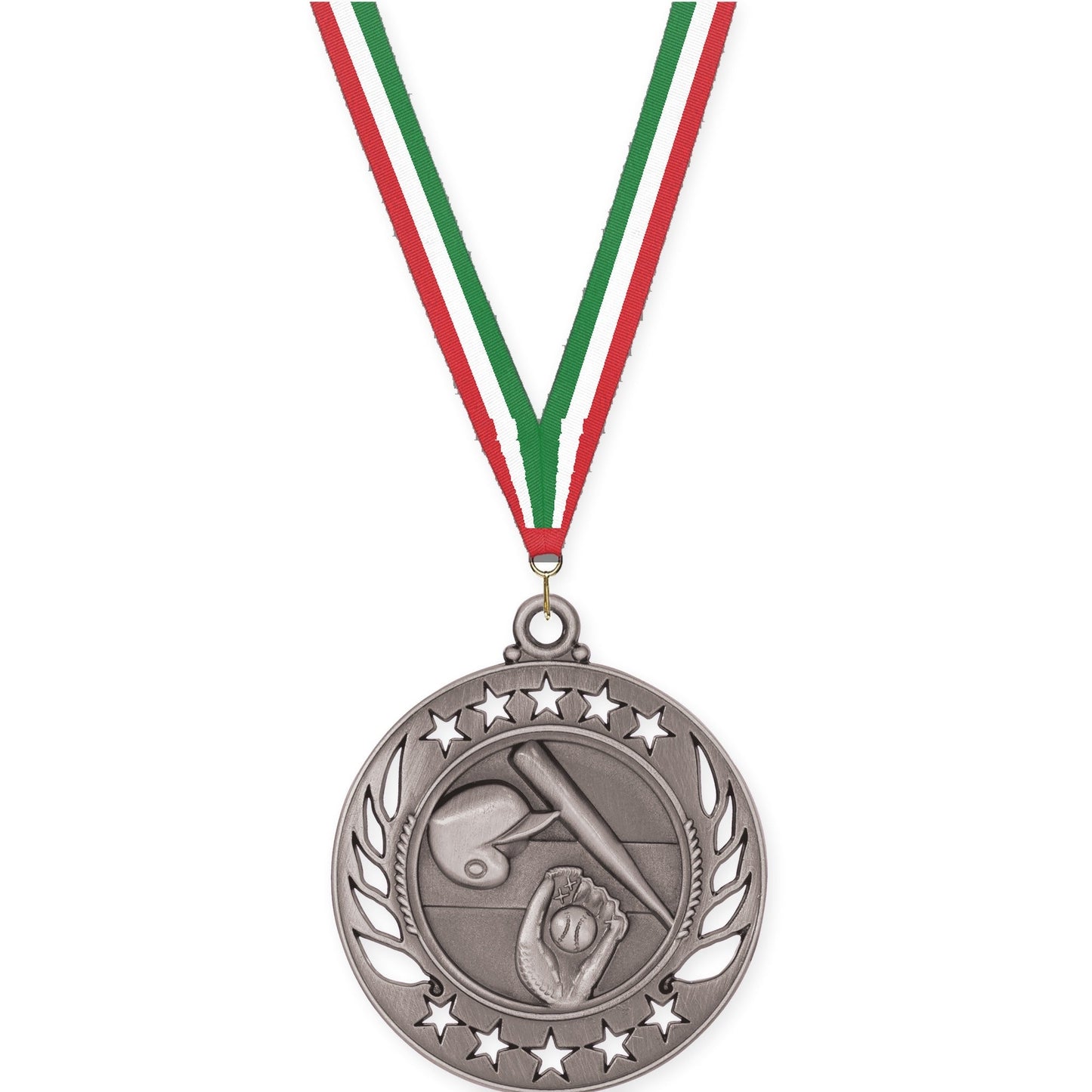 2 1/4 inch baseball and softball Galaxy medal in antique silver with Red White Green neck ribbon