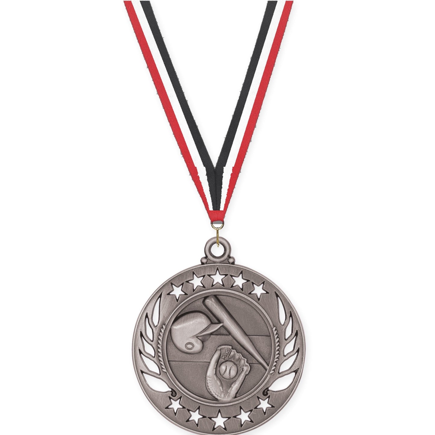 2 1/4 inch baseball and softball Galaxy medal in antique silver with Red White Black neck ribbon