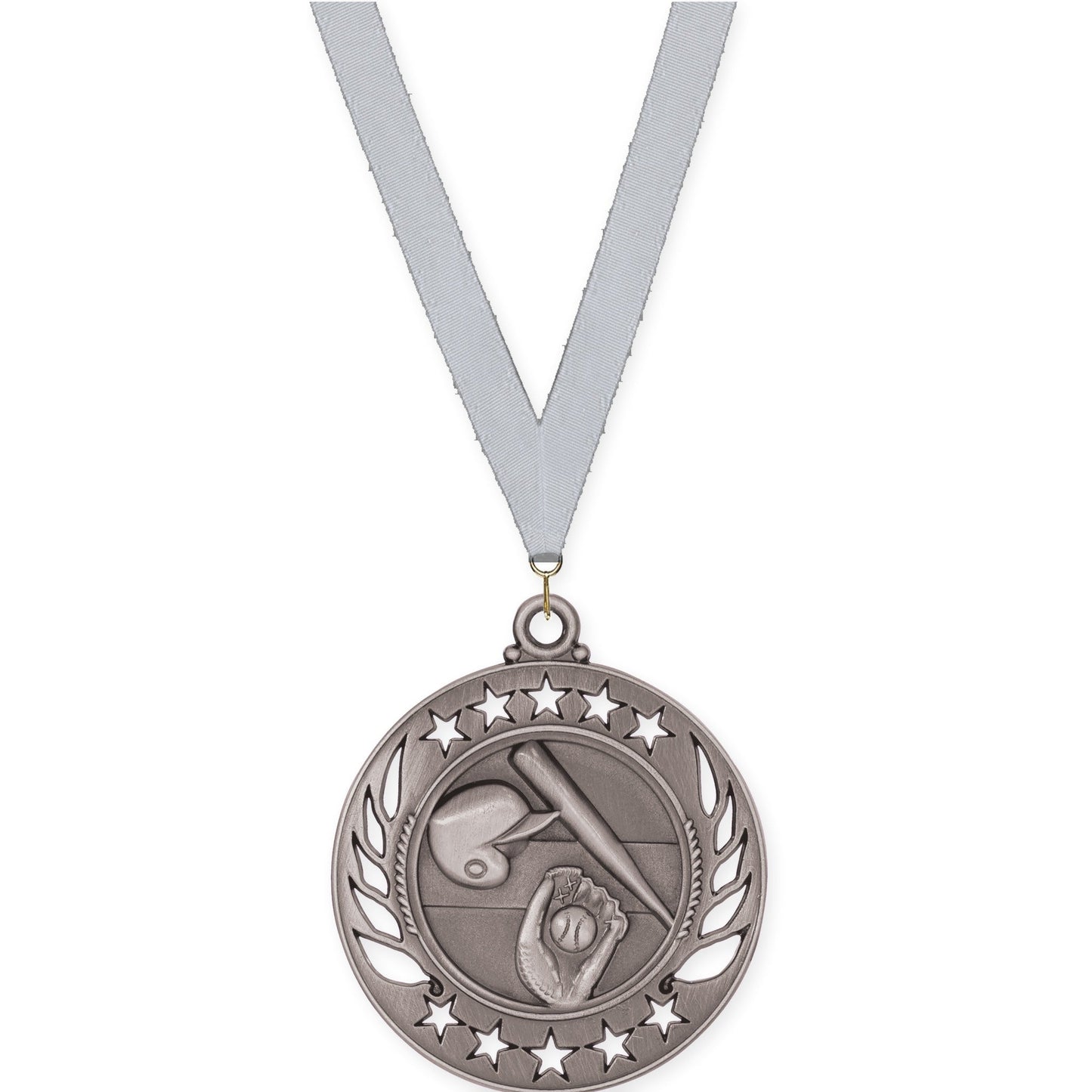 2 1/4 inch baseball and softball Galaxy medal in antique silver with Silver Metallic neck ribbon