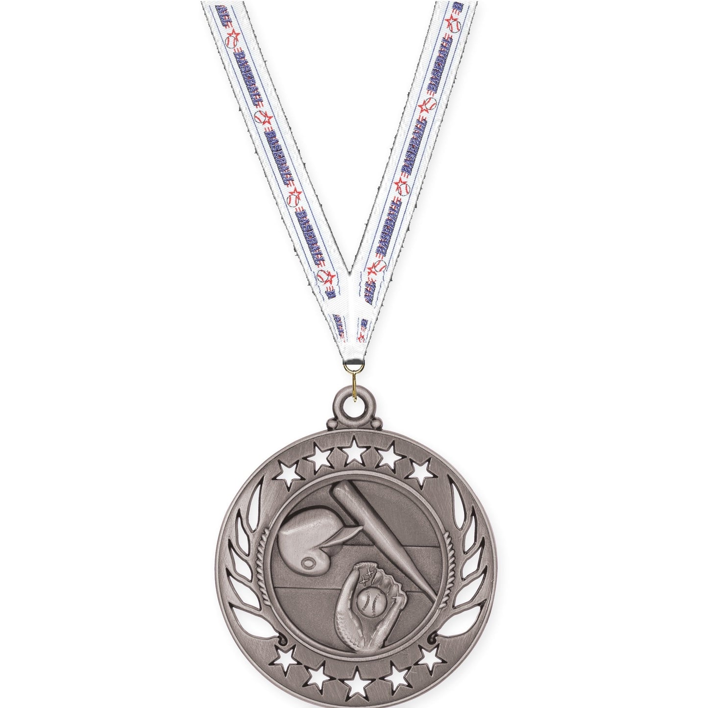 2 1/4 inch baseball and softball Galaxy medal in antique silver with Baseball neck ribbon